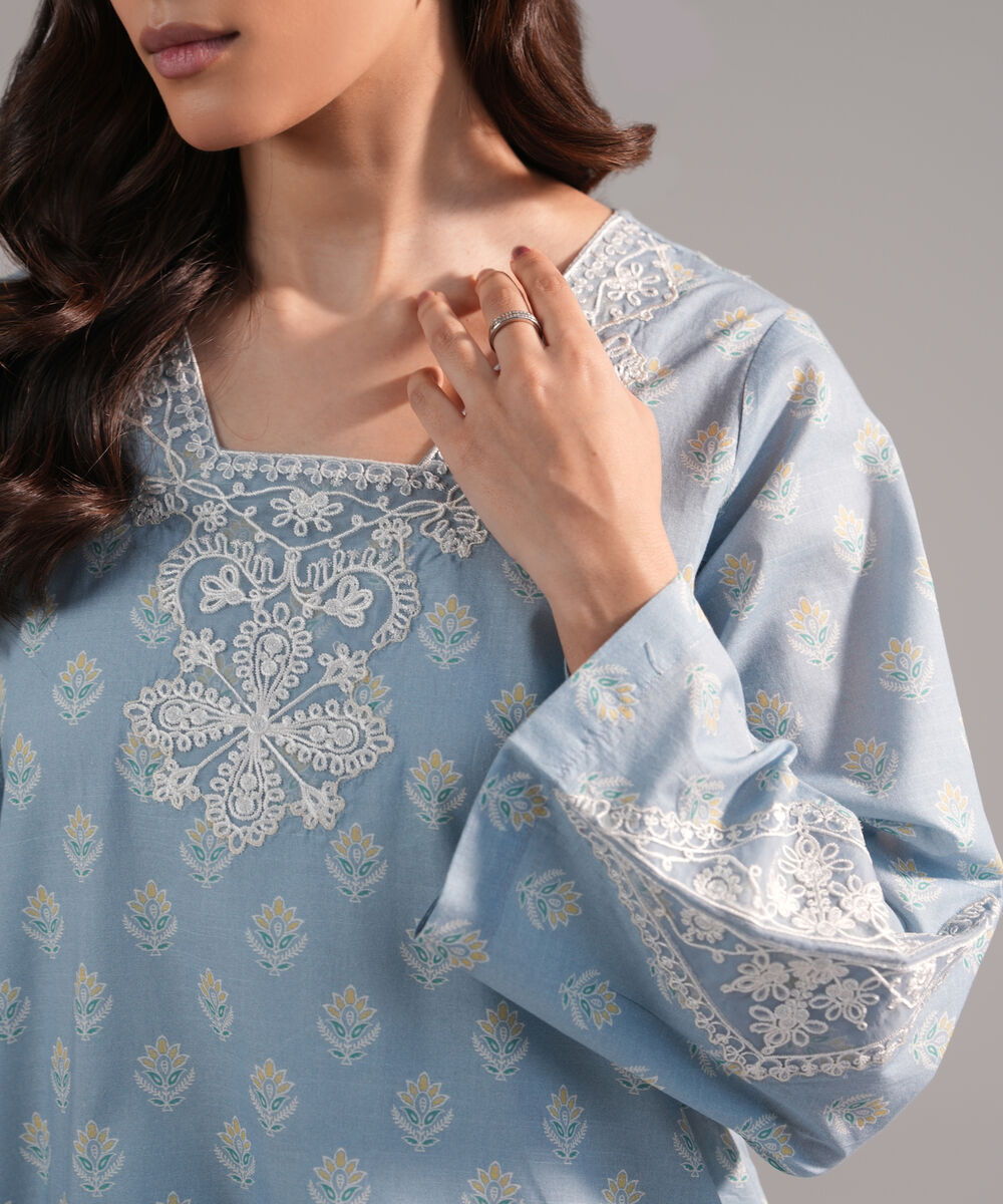 Women's RTW Slub Lawn Embroidered Blue Straight Shirt