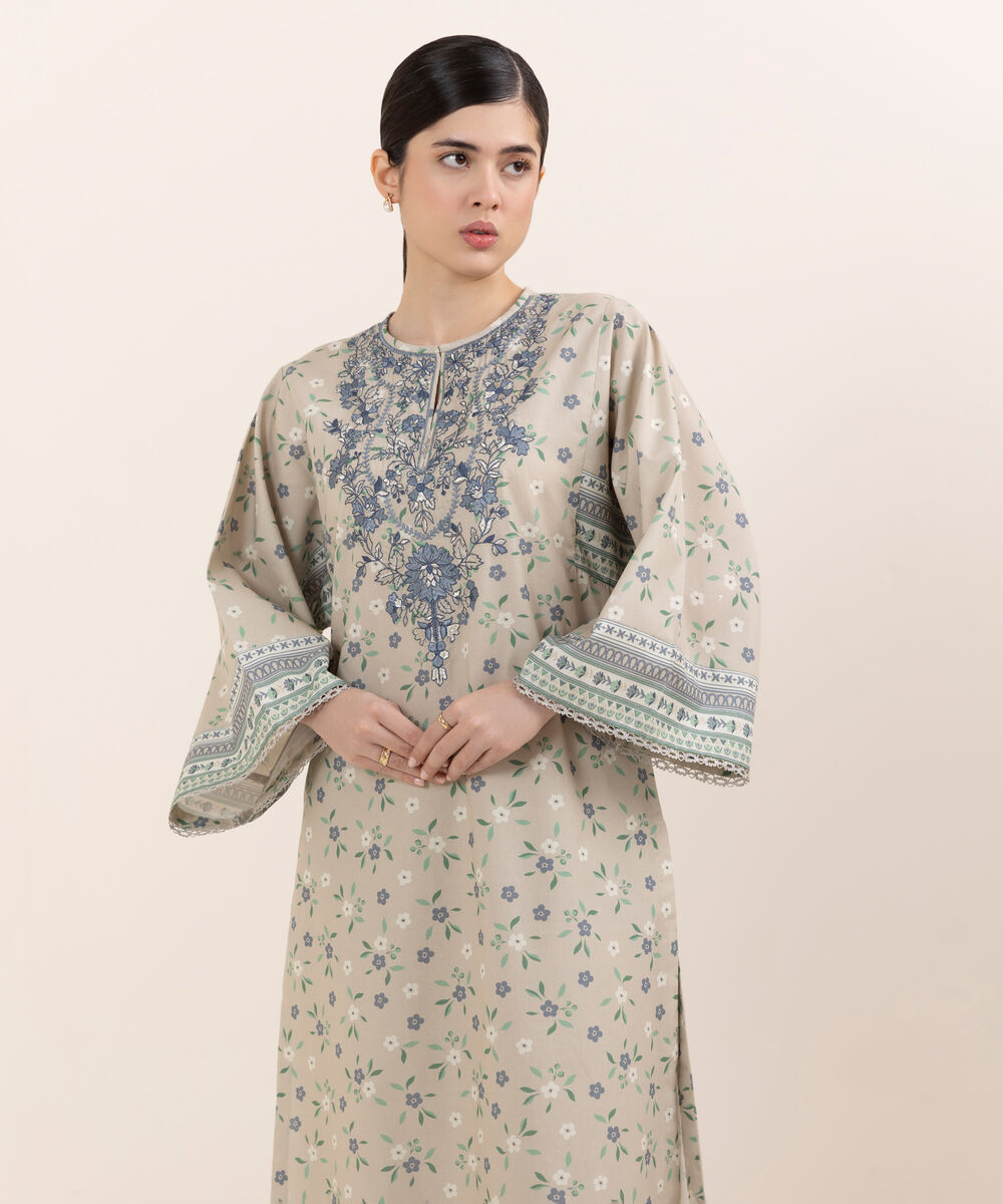 Women's Unstitched Cotton Embroidered Beige  Two Piece Suit