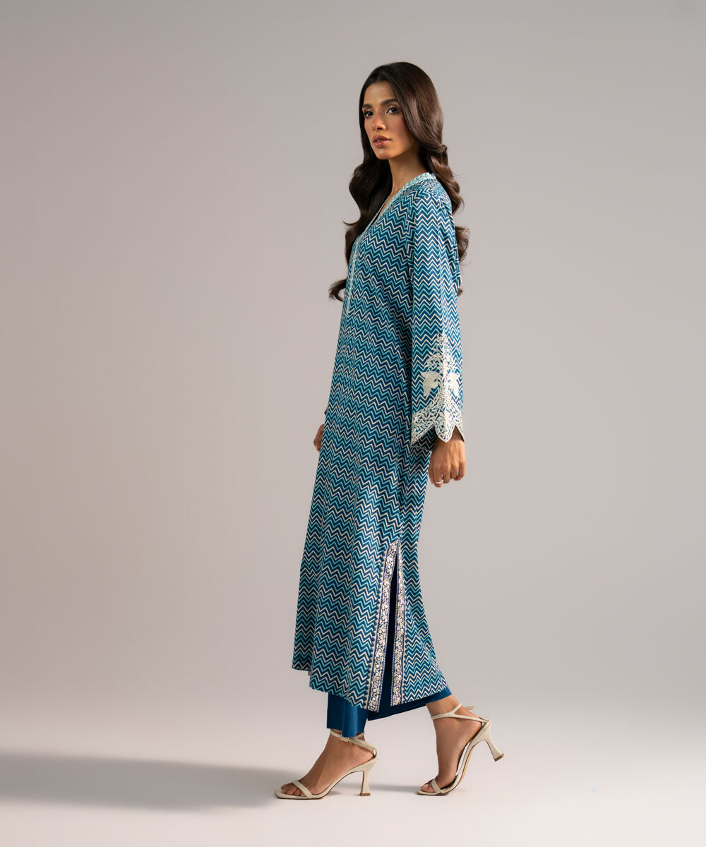 Women's RTW Cotton Viscose Embroidered Dark Blue Straight Shirt