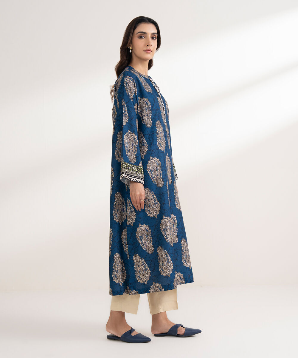 Women's RTW Viscose Linen Printed Straight Blue Shirt