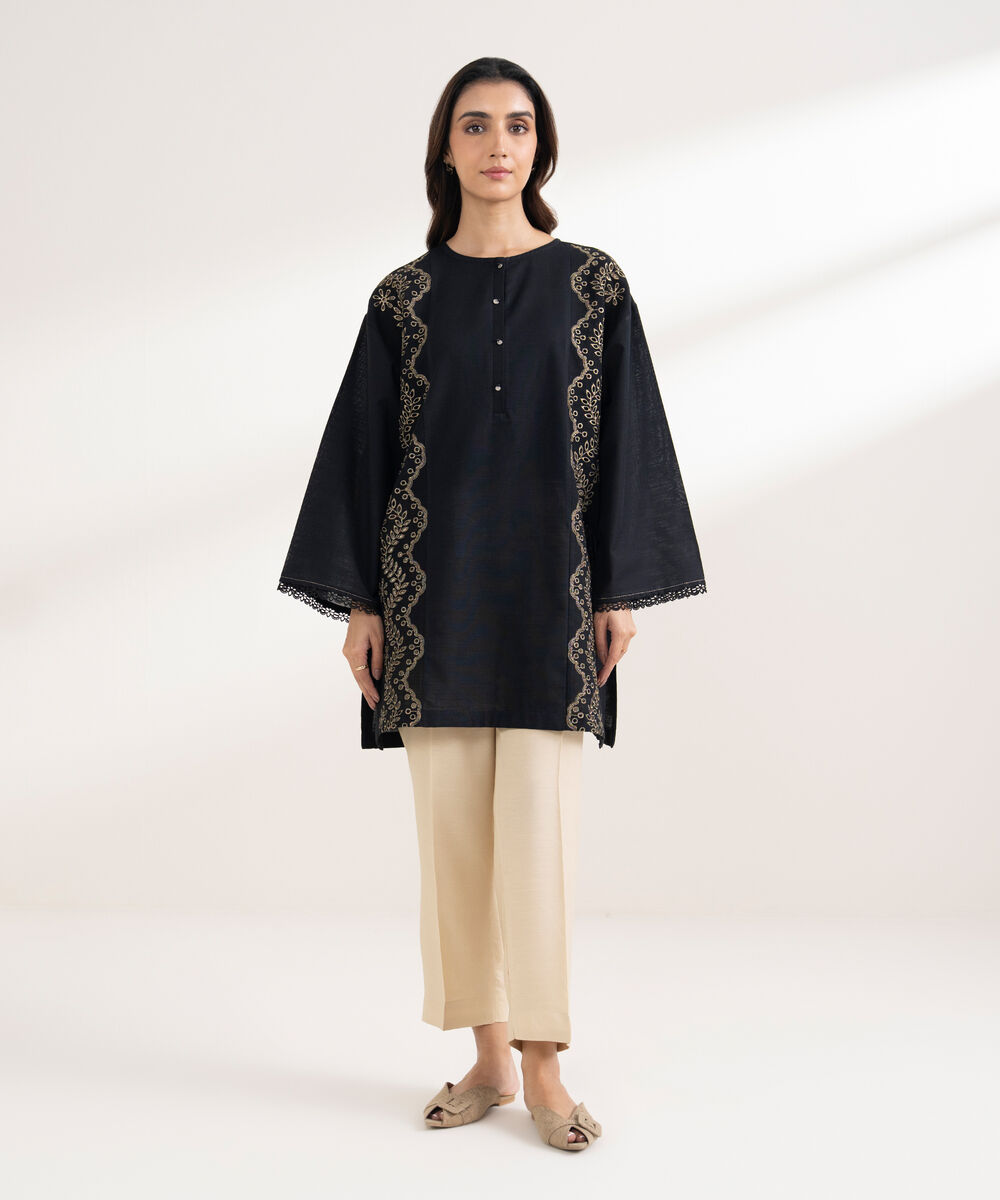 Women's RTW Cotton Embroidered Straight Black Shirt