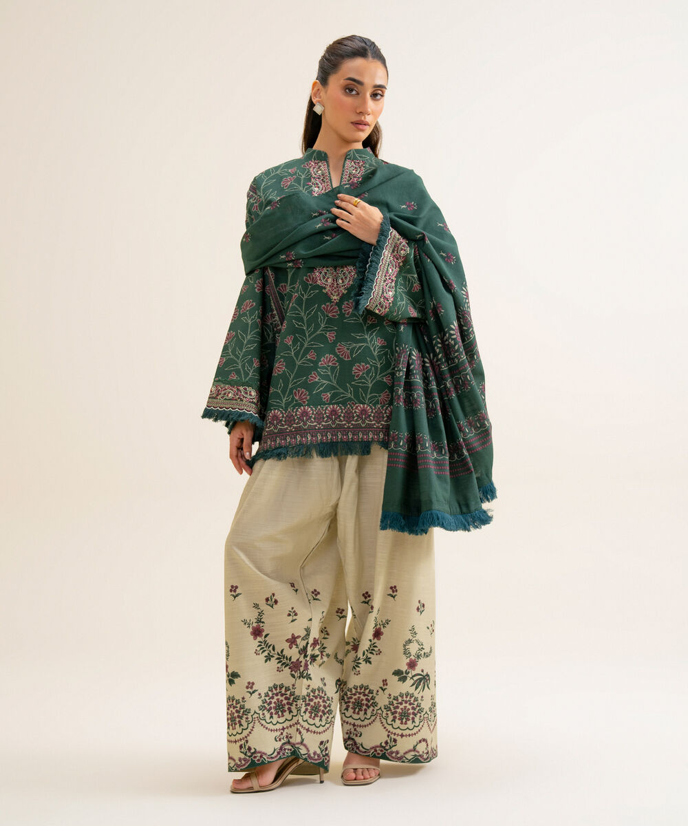 Women's Unstitched Cotton Embroidered Green 3 Piece Suit
