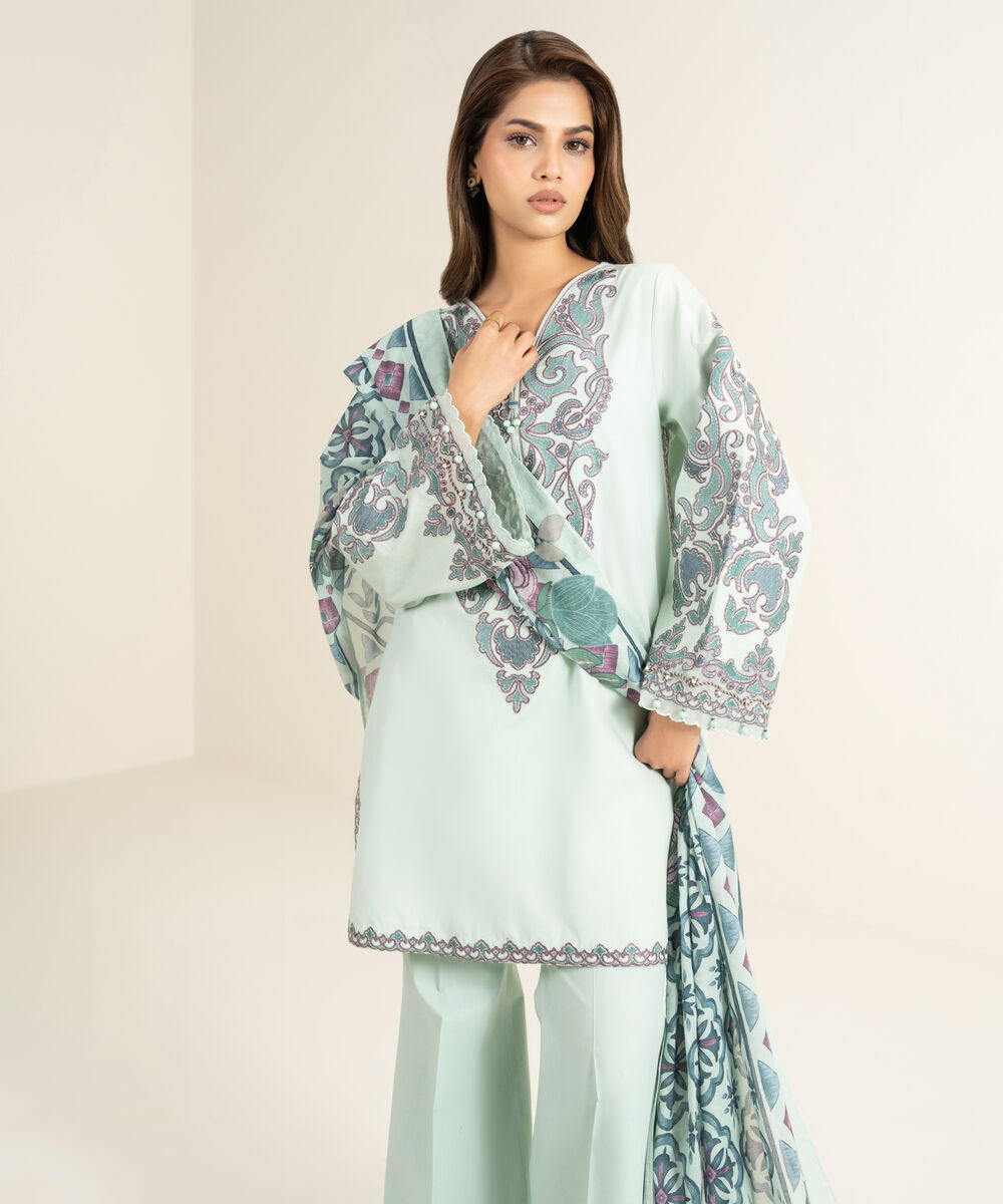 Women's Unstitched Textured Lawn Embroidered Blue 3 Piece Suit