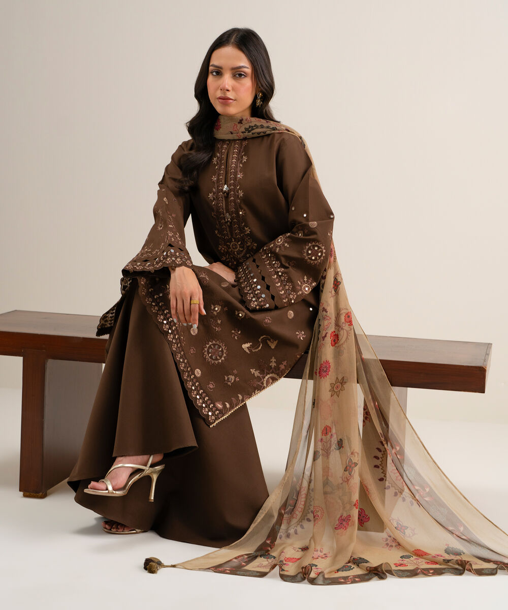 Women's Unstitched Embroidered Cotton Viscose Dark Brown 3 Piece Suit
