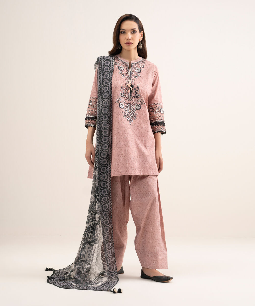 Women's Unstitched Lawn Embroidered Pink 3 Piece Suit