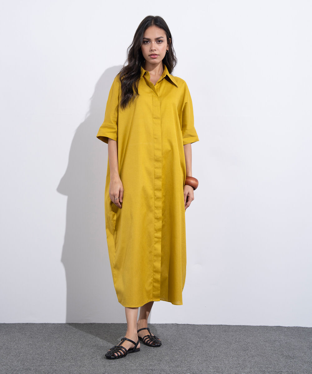 Women's Western Wear Mustard Short Sleeved Linen Blend Dress