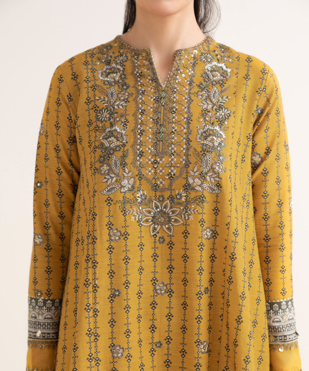 Women's Unstitched Embroidered Khaddar Yellow 3 Piece Suit