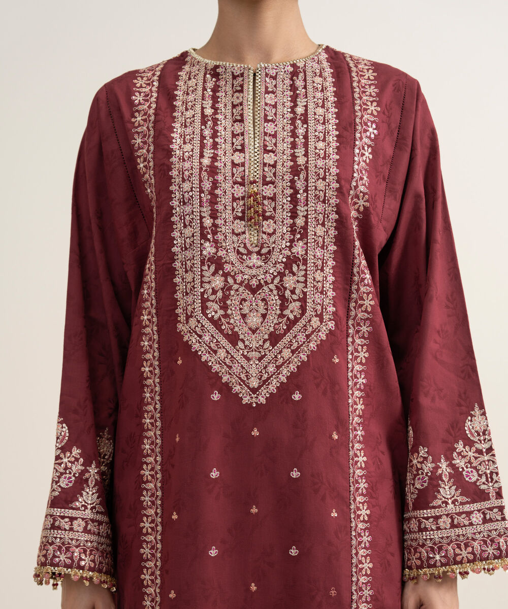 Women's Unstitched Cotton Jacquard Embroidered Red 3 Piece Suit