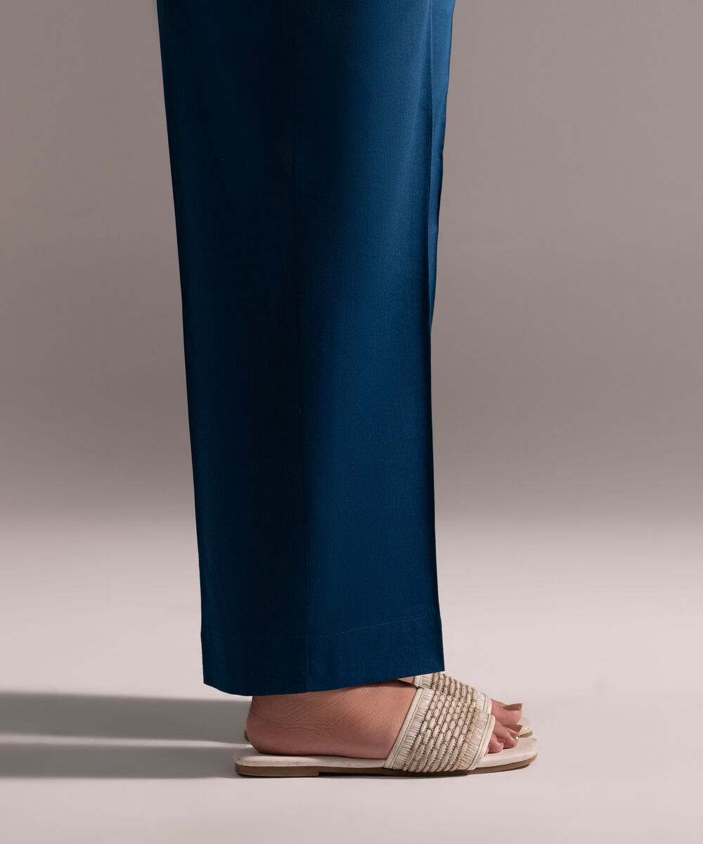 Women's RTW Cotton Viscose Solid Dark Blue Straight Pants