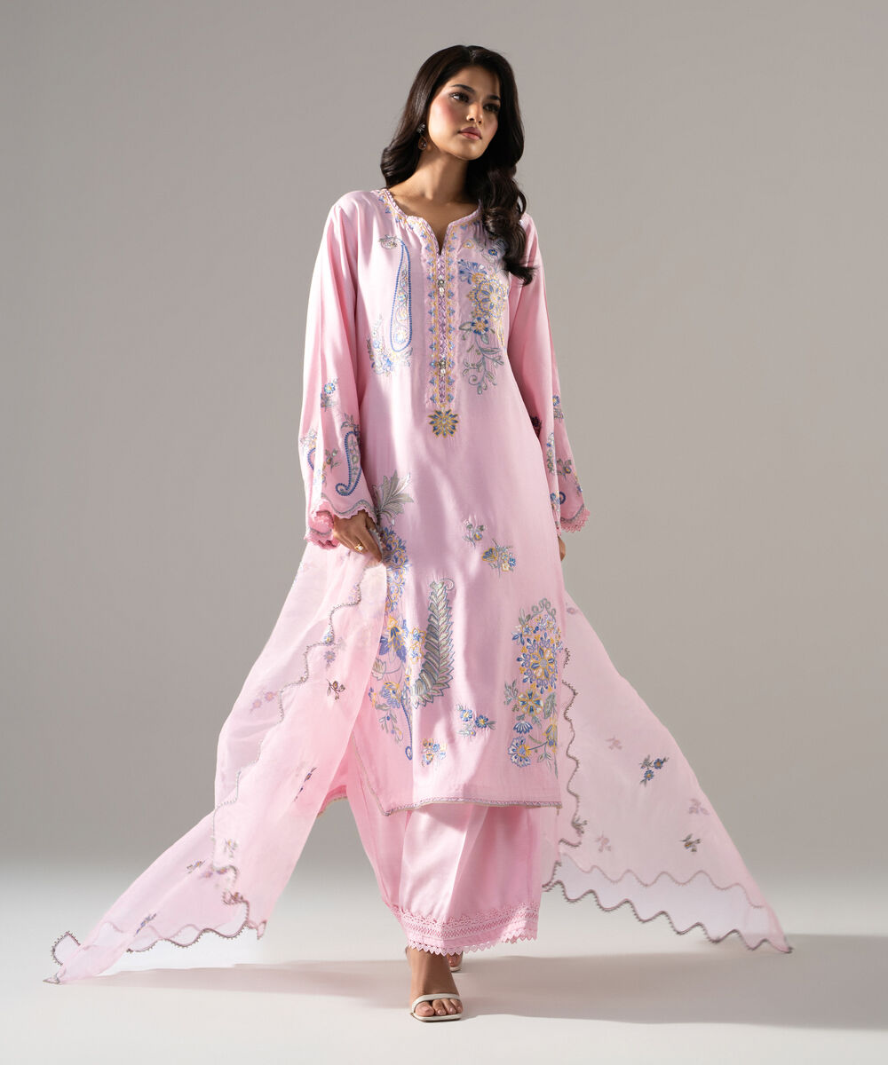 Women's RTW Raw Silk Solid Embroidered Pink 3 Piece Suit