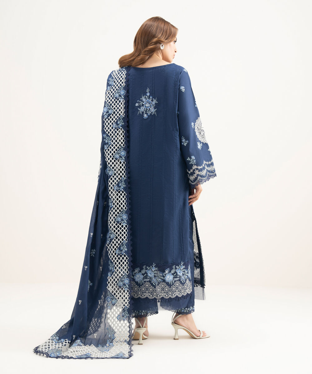 Women's Unstitched Lawn Embroidered Blue  3 Piece Suit