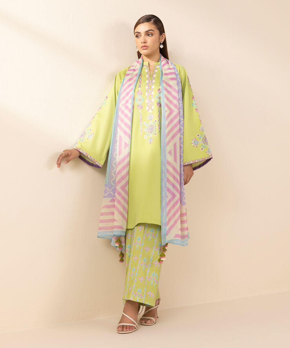 Women's Unstitched Lawn Embroidered Green 3 Piece Suit