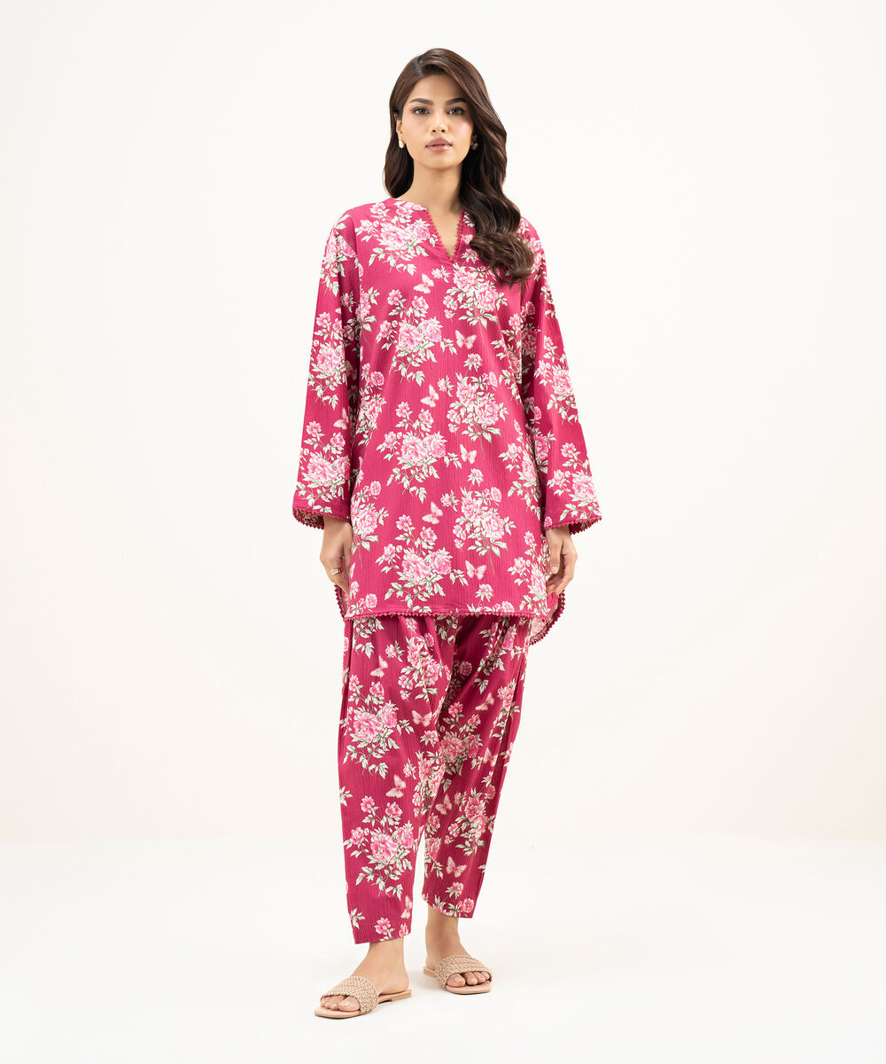 Women's RTW Seersucker Printed Dark Pink Straight Shirt