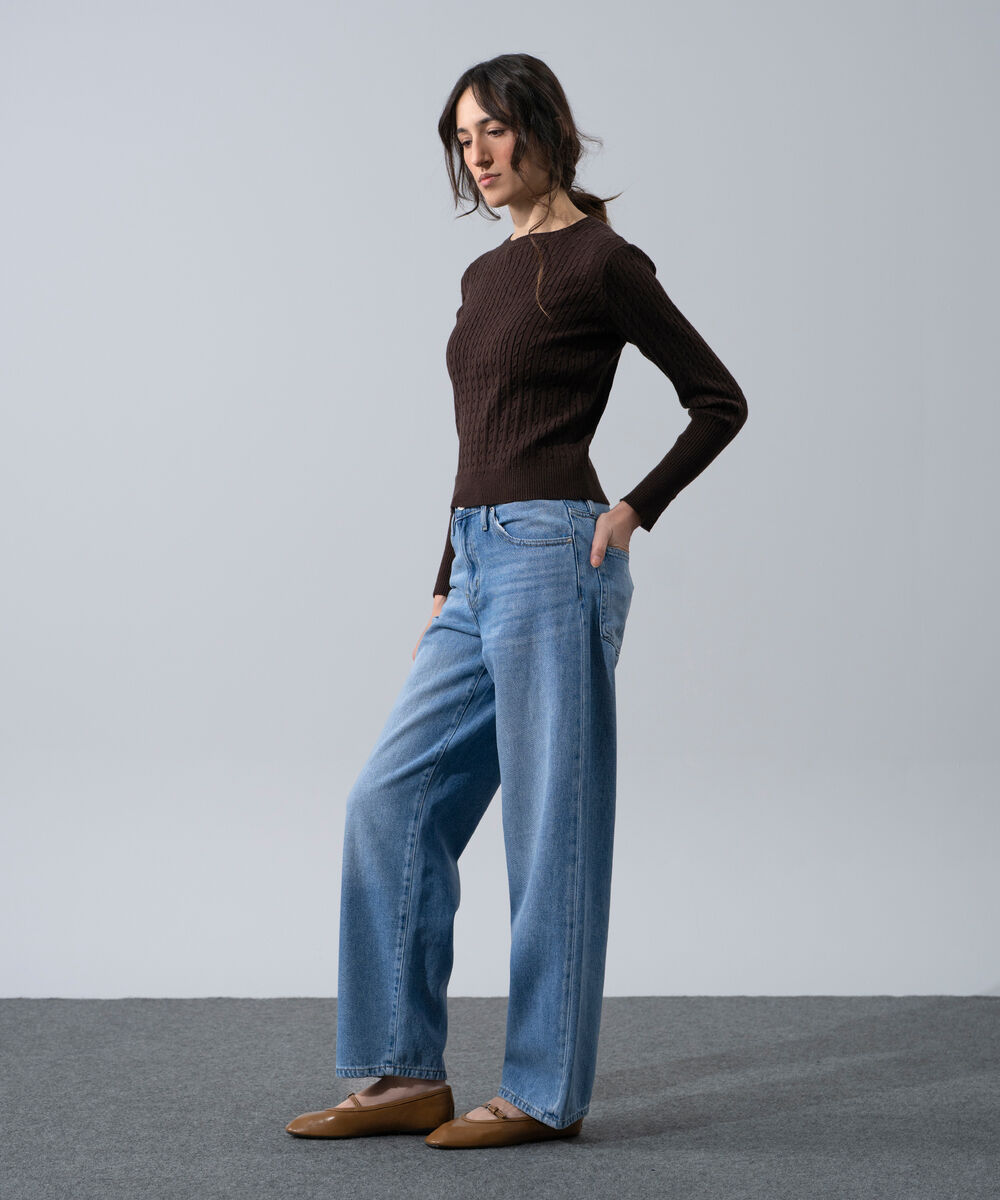 Women's Western Wear Brown Textured Cable-Knit Jumper
