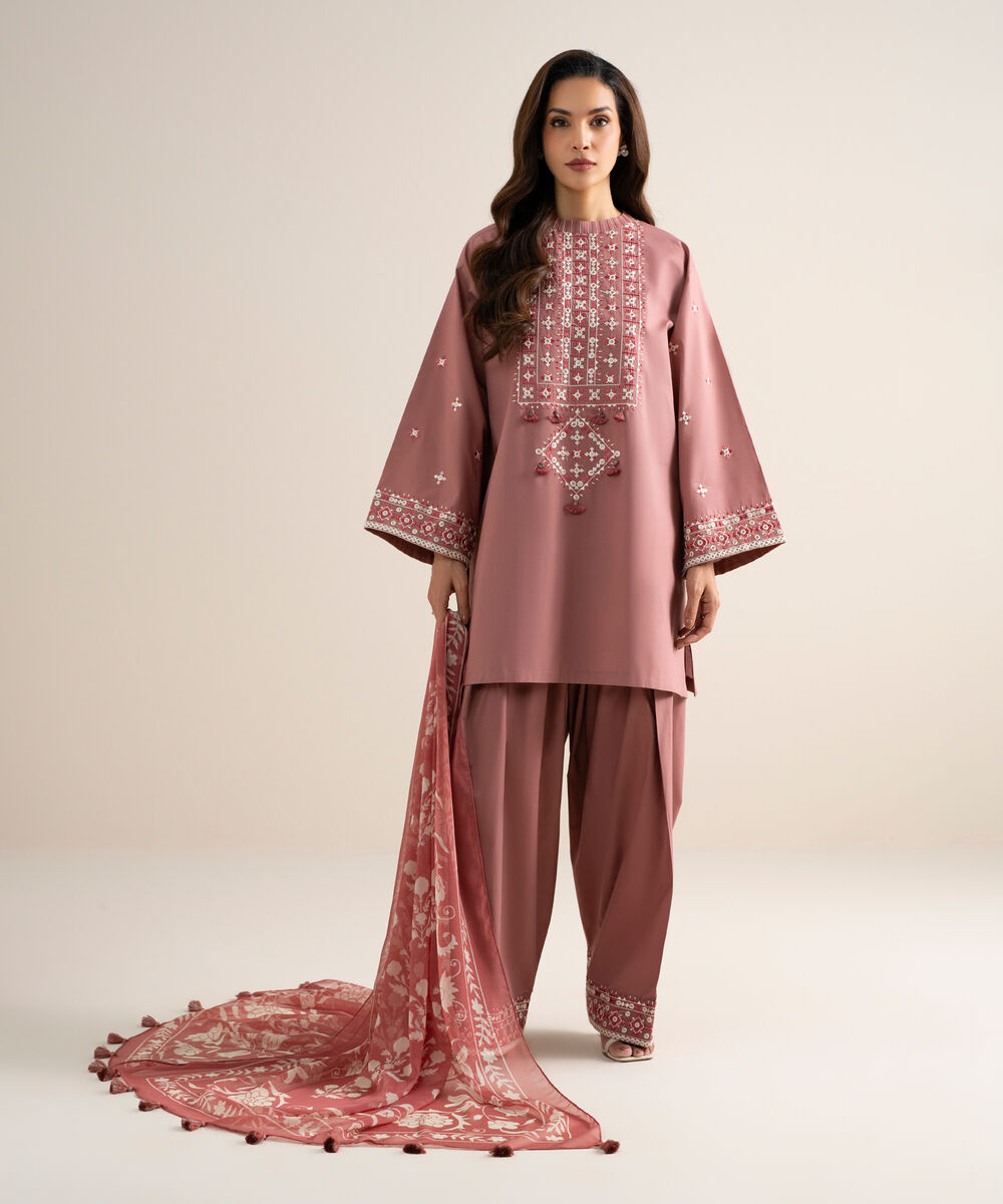 Women's Unstitched Slub Lawn Embroidered Pink 3 Piece Suit