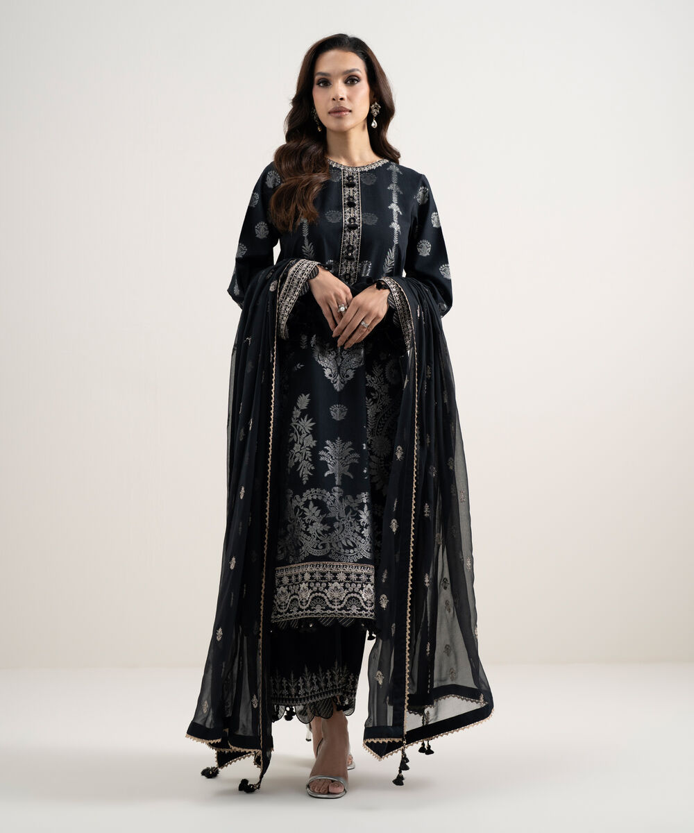 Women's Unstitched Extra Weft Jacquard Embroidered Black 3 Piece Suit