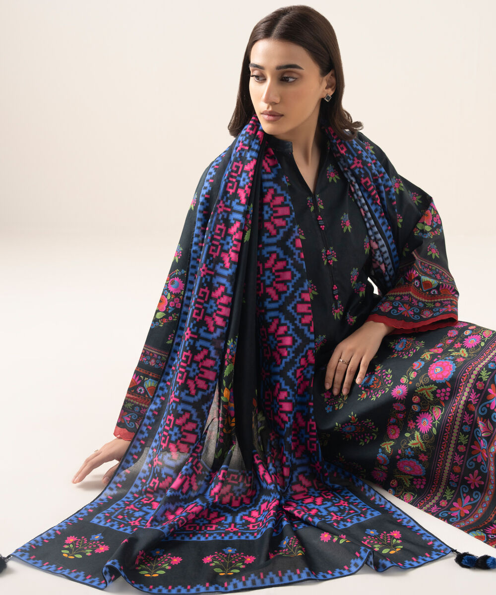 Women's Unstitched Lawn Printed Black 3 Piece Suit