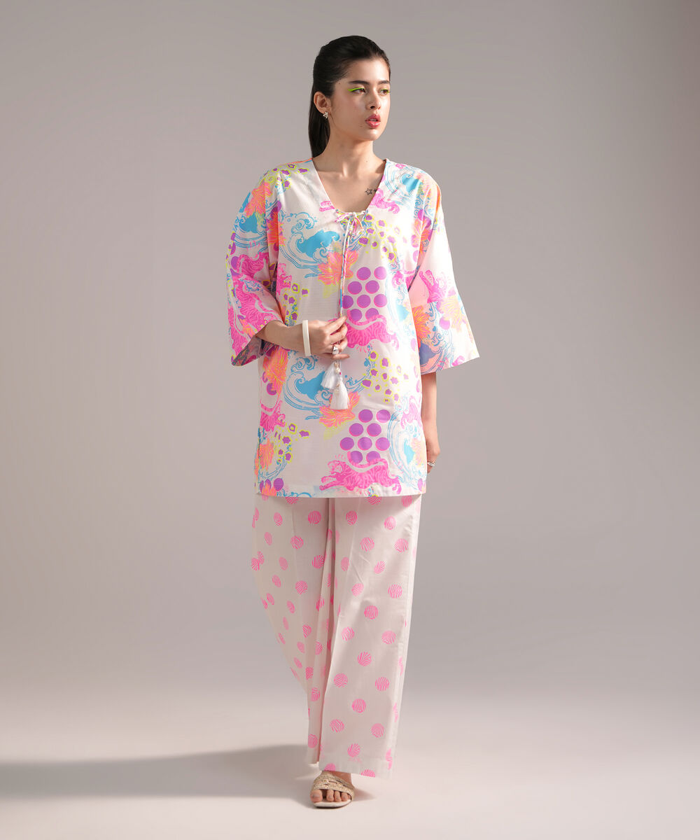 Women's RTW Dobby Printed White 2 Piece Suit