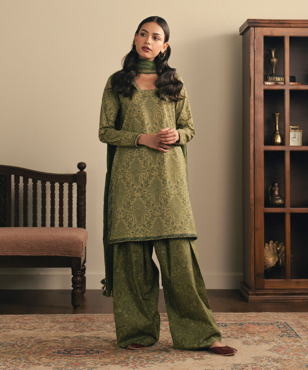 Women's Unstitched Cross Hatch Embroidered Green 3 Piece Suit