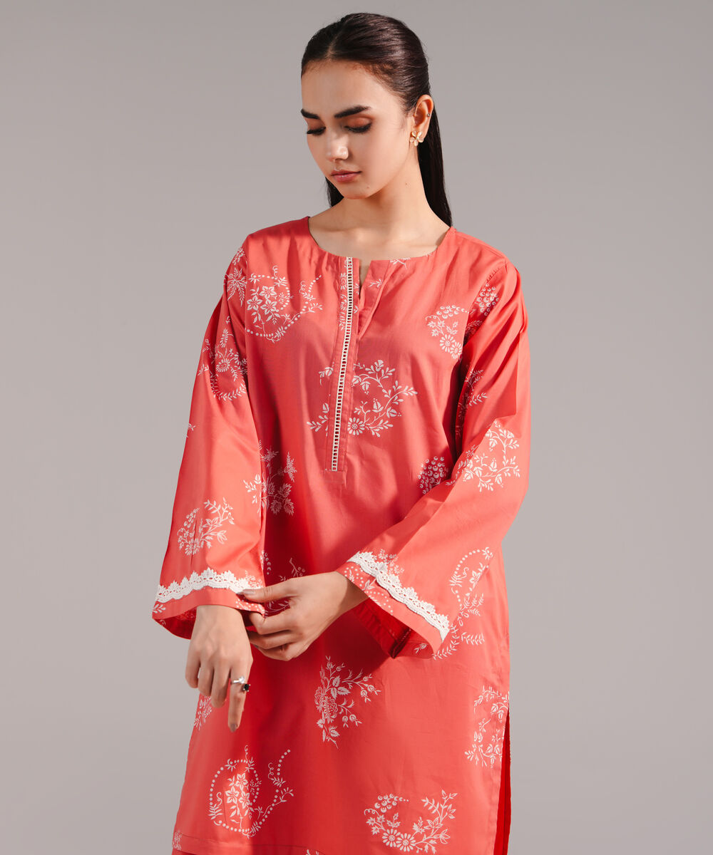 Women's RTW Lawn Printed Coral Straight Shirt