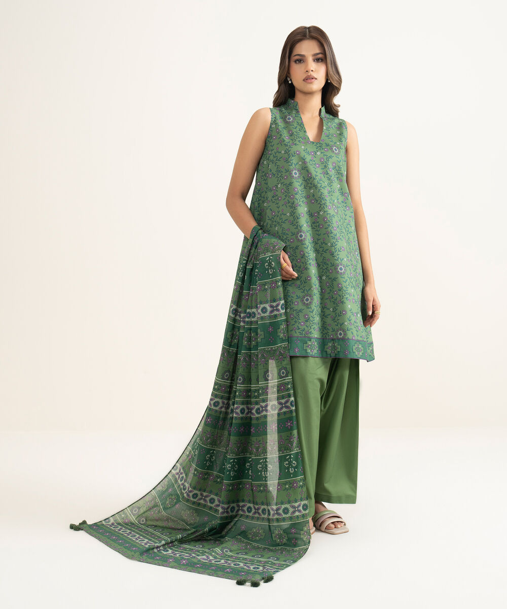 Women's Unstitched Lawn Printed Green 3 Piece Suit
