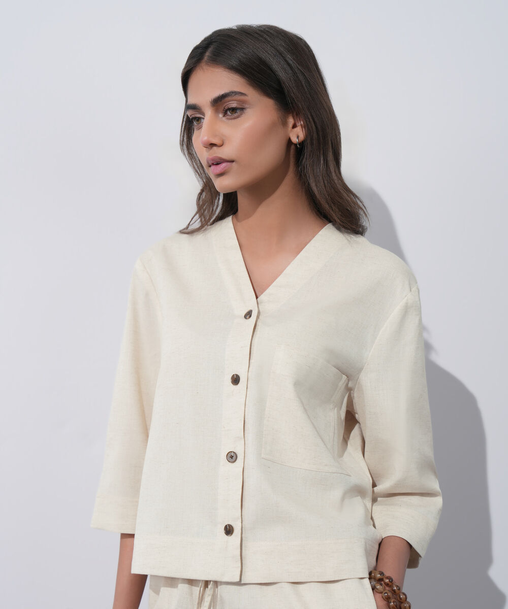 Women's Western Wear Beige V-Neck Linen Blend Shirt
