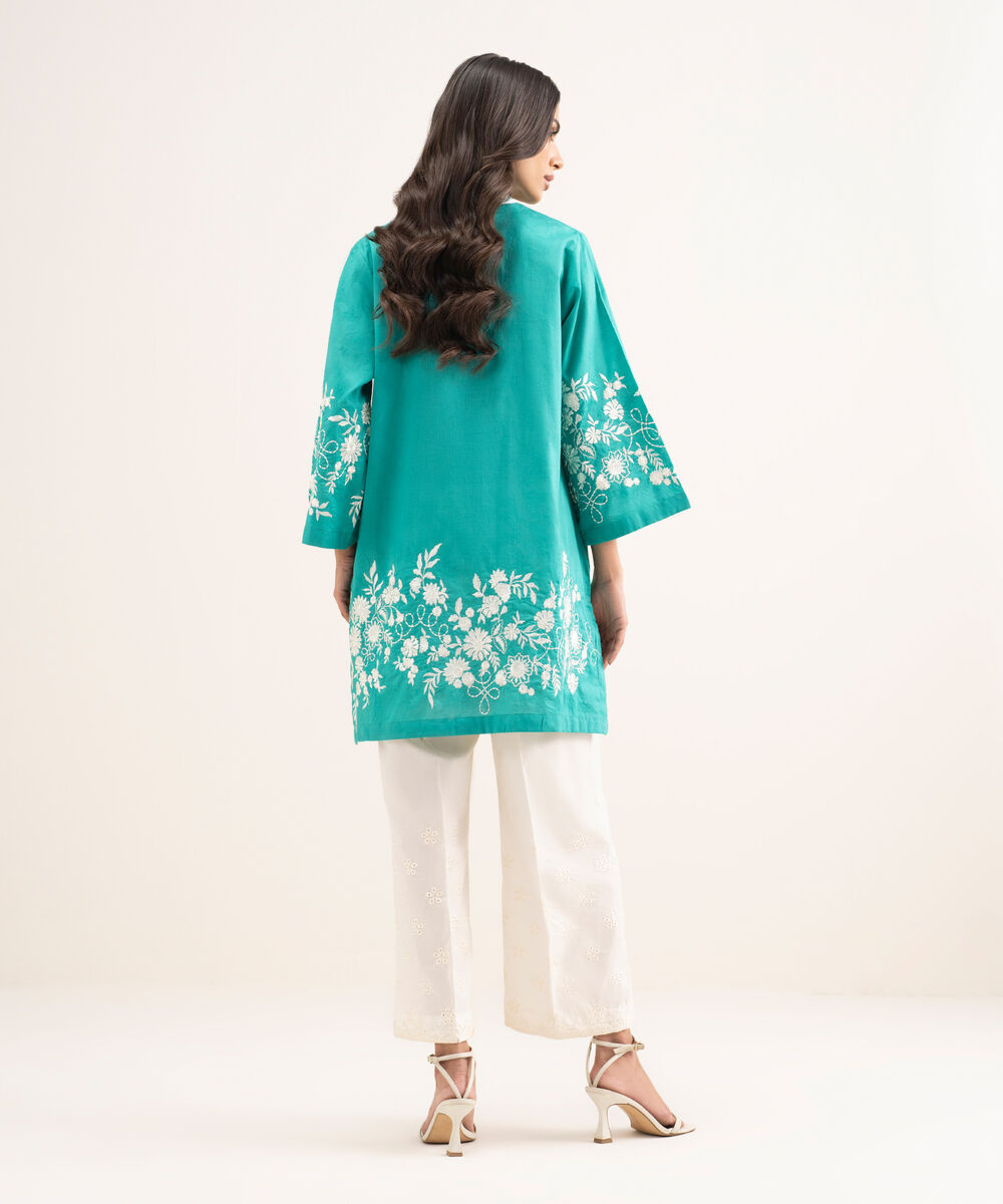 Women's RTW Self Jacquard Embroidered Green Straight Shirt