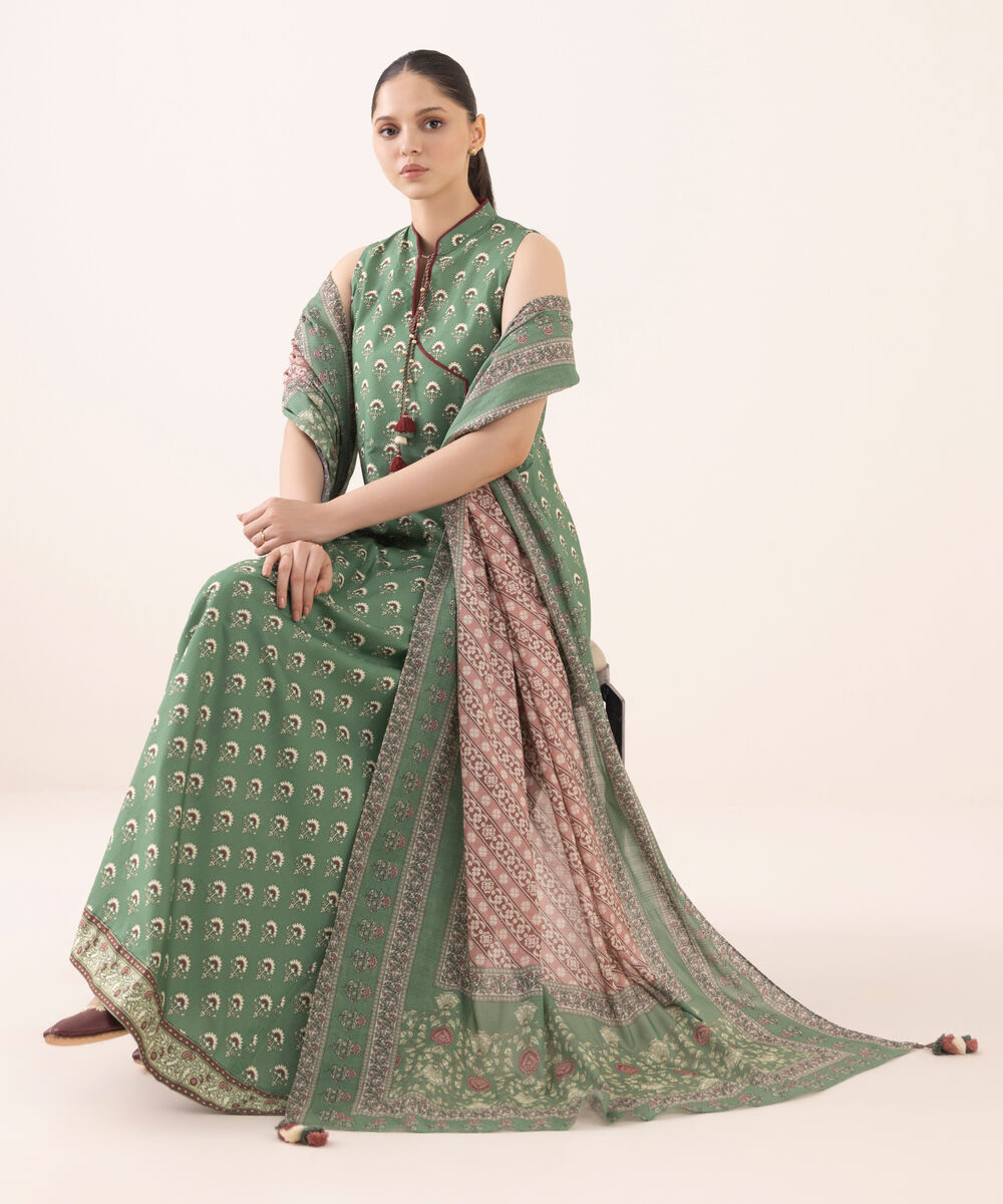 Women's Unstitched Arabic Lawn Printed Green 3 Piece Suit