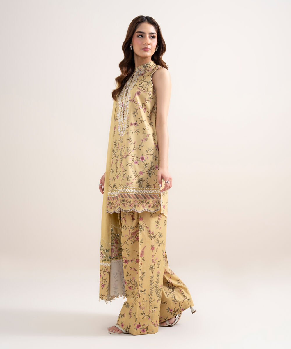 Women's Unstitched Lawn Embroidered Yellow 3 Piece Suit