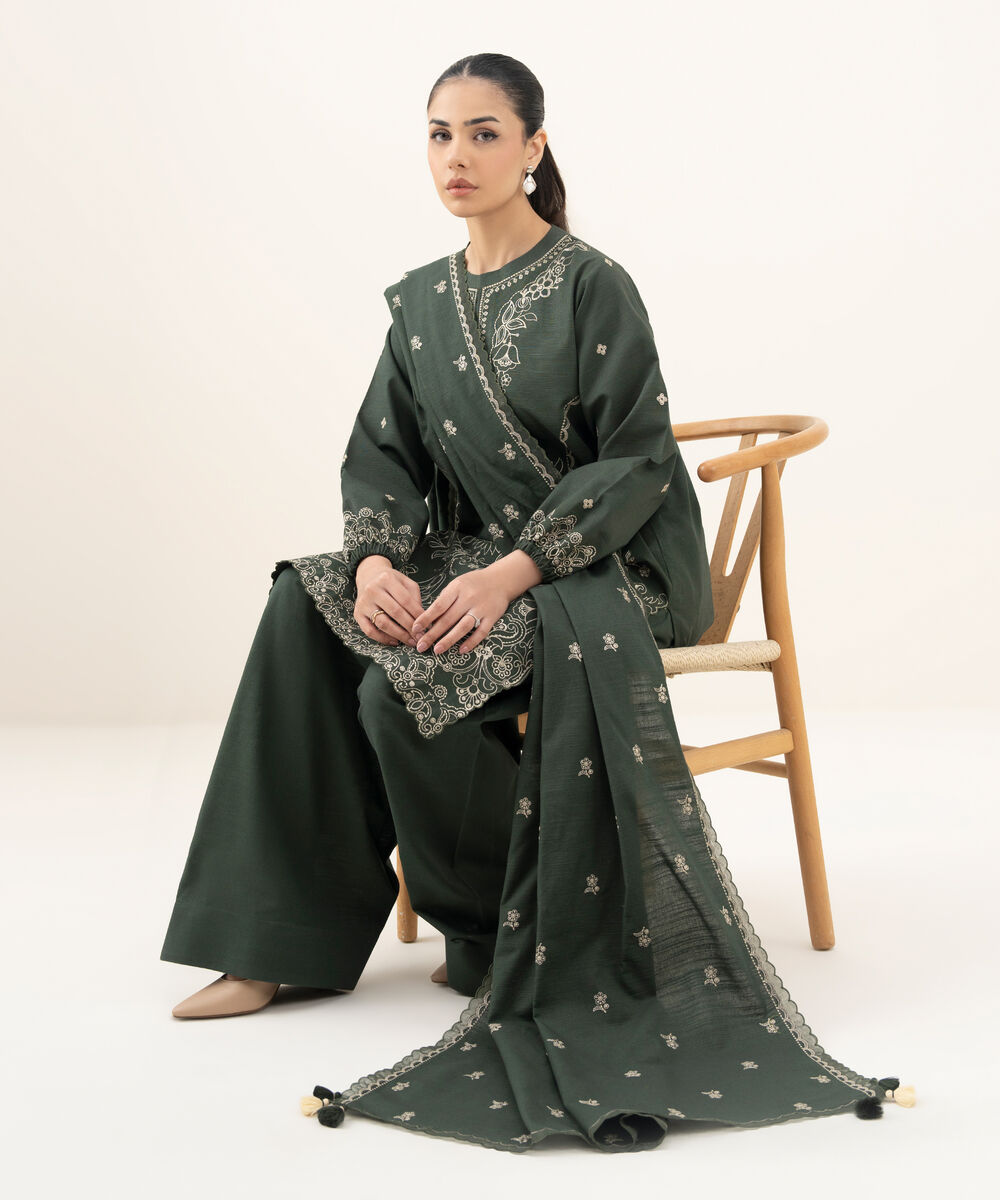 Women's Unstitched Embroidered Khaddar Green 3 Piece Suit