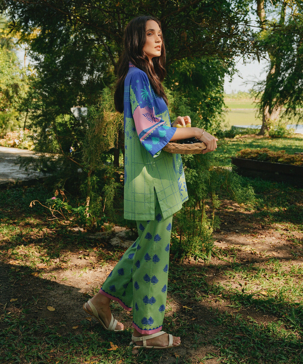 Women's RTW Cotton Viscose Printed Green Straight Shirt