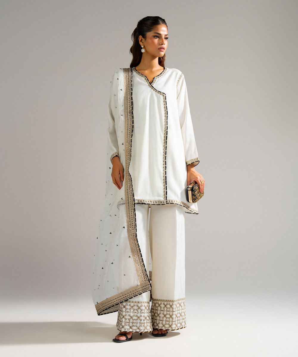 Women's RTW Raw Silk Embroidered White 3 Piece Suit