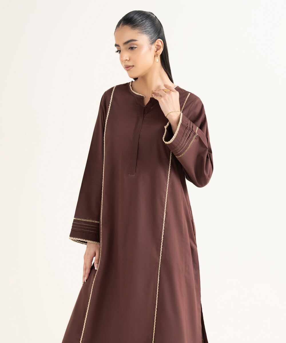 Women's RTW Cambric Solid A-Line Brown Shirt