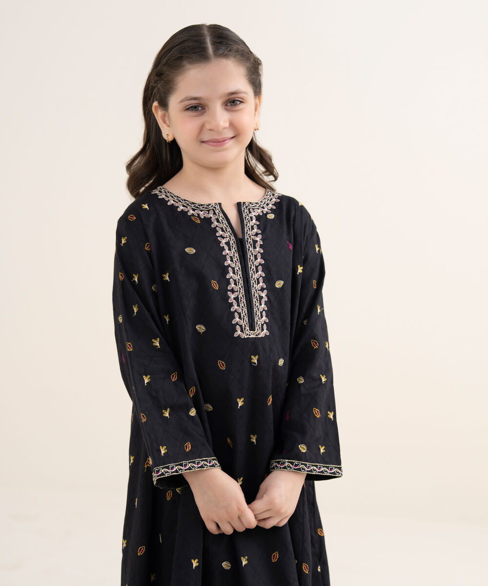 Girl's Self Jacquard Embroidered Black 2 Piece Suit