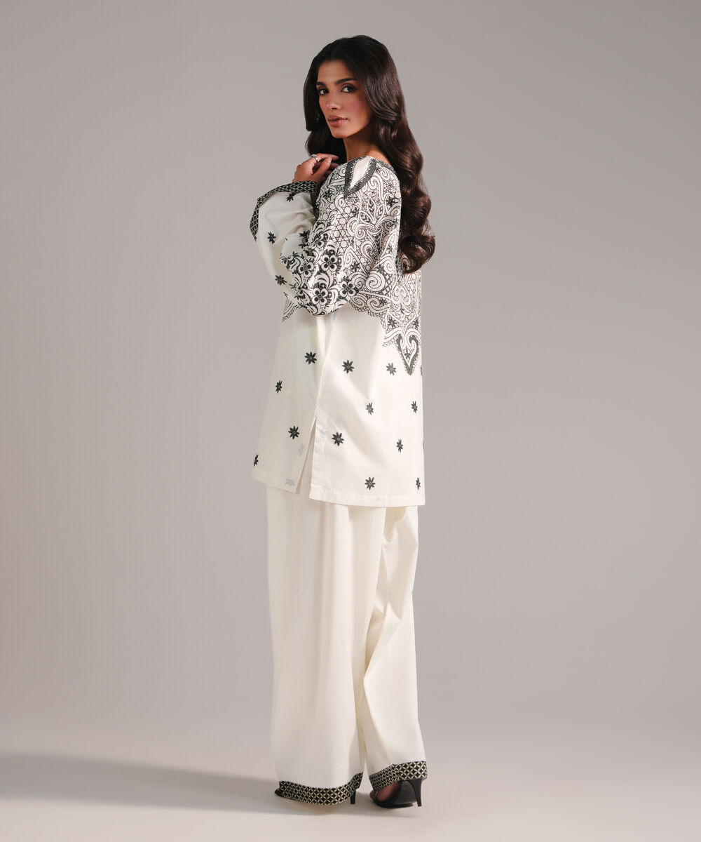 Women's RTW Lawn Printed Off White Drop Shoulder Shirt