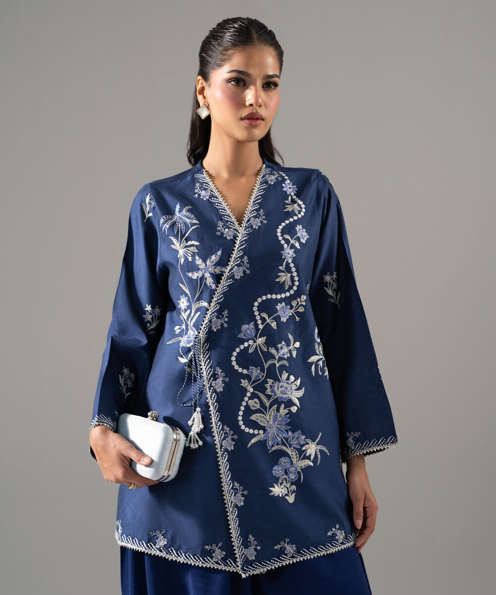 Women's RTW Cotton Net Solid Embroidered Blue 2 Piece Suit