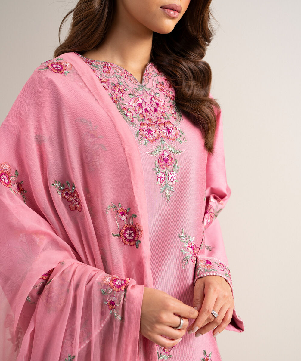 Women's Unstitched Cotton Net Embroidered Pink 3 Piece Suit