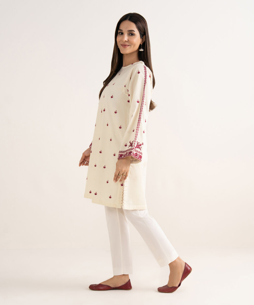 Women's RTW Textured Cotton White Embroidered A-Line Shirt