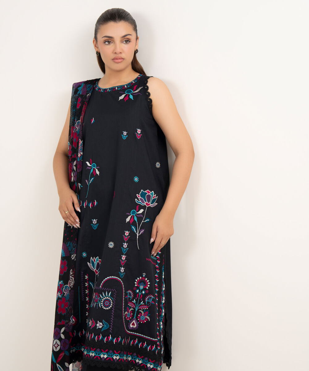 Women's Unstitched Dobby Embroidered Black Two Piece Suit