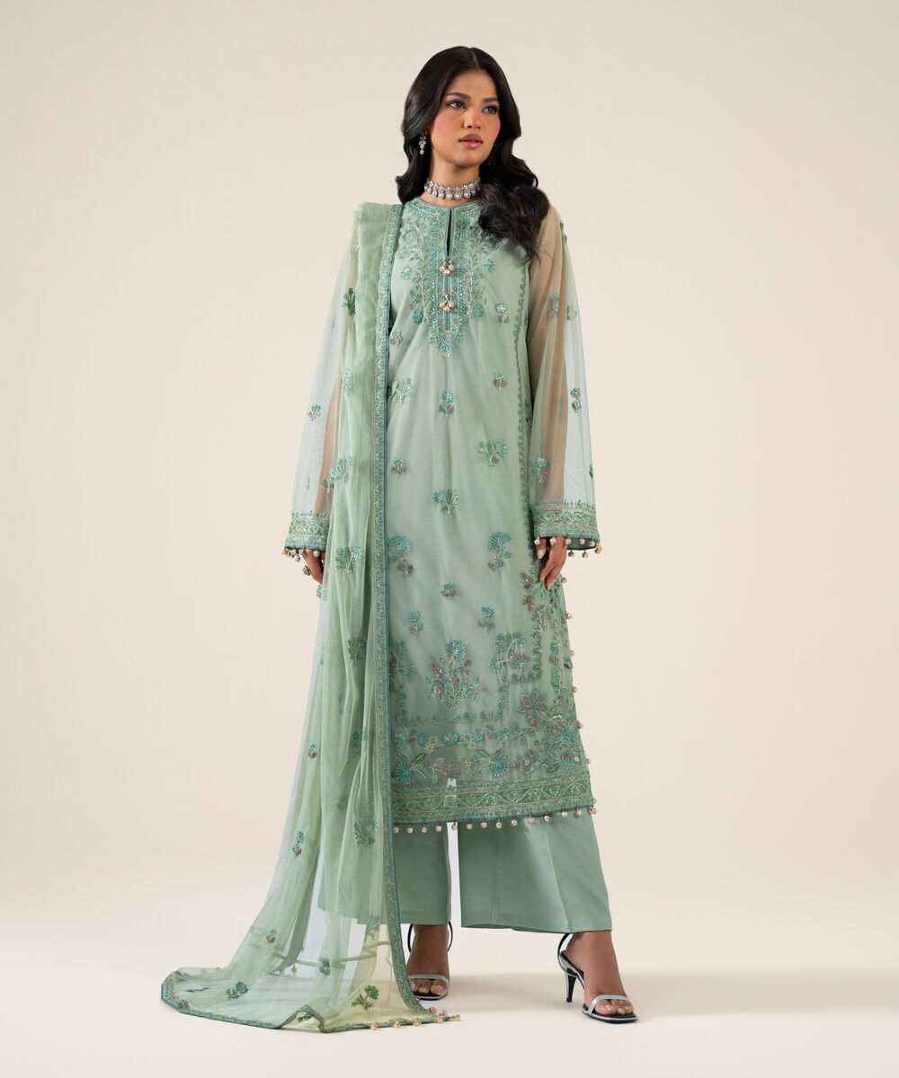 Women's Unstitched Net Embroidered Mint Green 3 Piece Suit