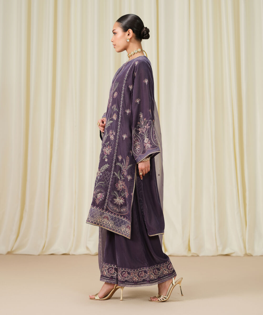 Women's Unstitched Embroidered Velvet Purple 3 Piece Suit