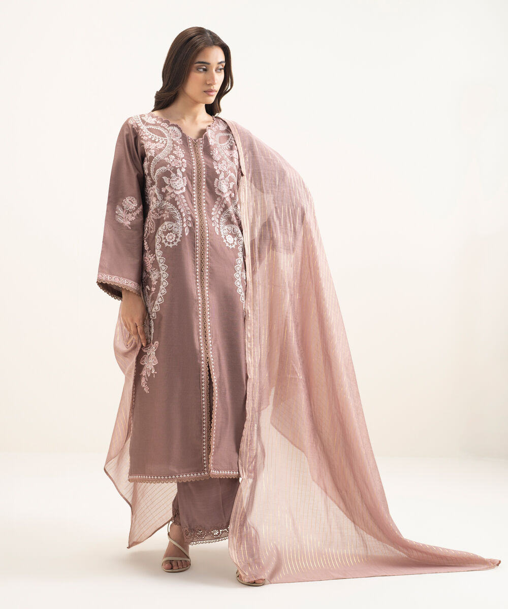 Women's RTW Silk Cotton Net Embroidered Mauve 3 Piece Suit