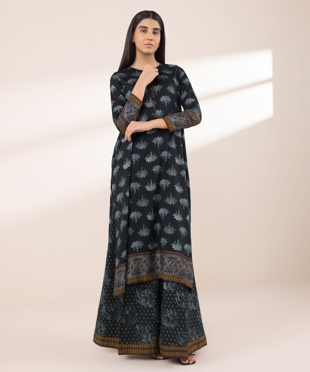 Women's RTW Arabic Lawn Black Printed A-Line Shirt
