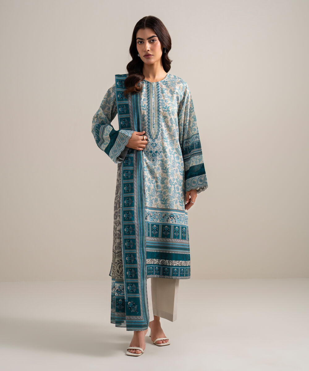 Women's Unstitched Lawn Embroidered Peach 3 Piece Suit