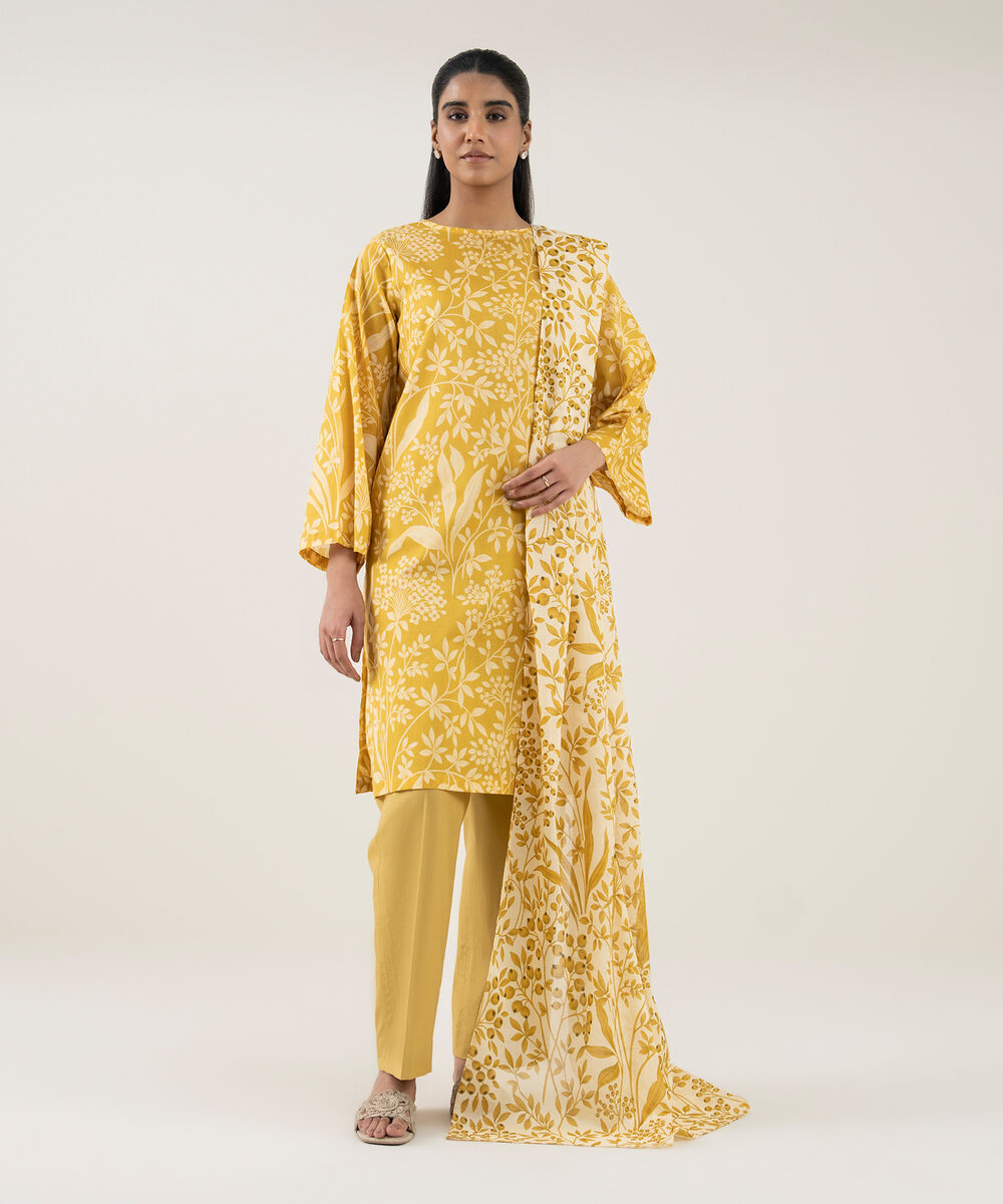 Women's Unstitched Lawn Printed Yellow 3 Piece Suit
