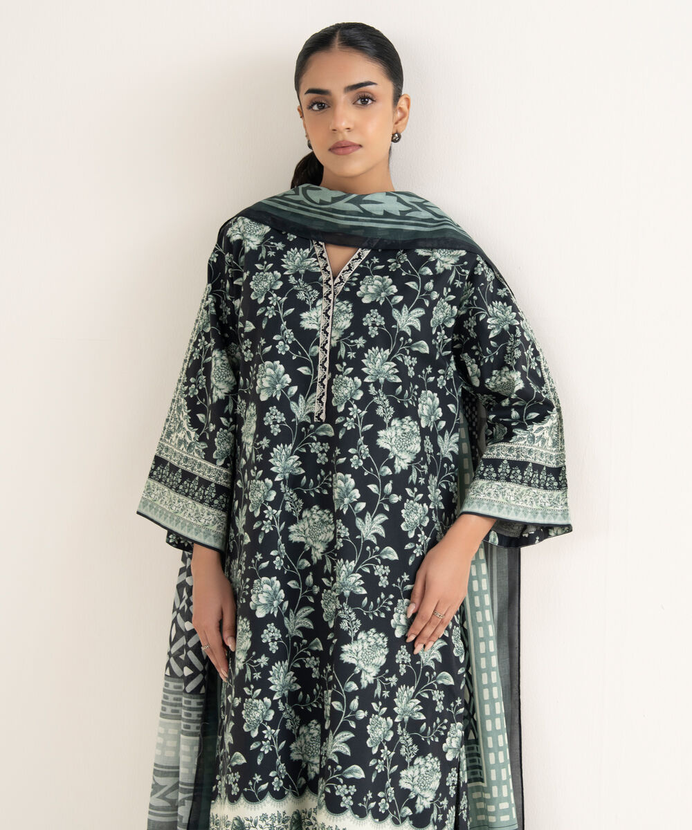 Women's Unstitched Cotton Printed Black 3 Piece Suit