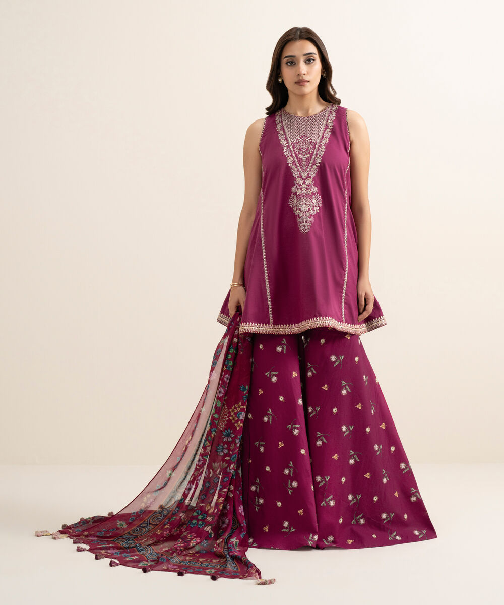 Women's Unstitched Textured Lawn Embroidered Fuchsia Pink 3 Piece Suit