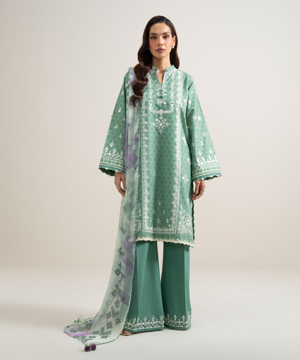 Women's Unstitched Zari Lawn Embroidered Green 3 Piece Suit