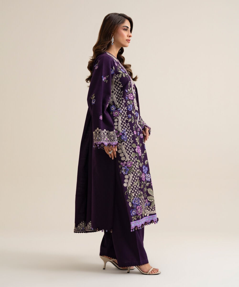 Women's Unstitched Basic Khaddar Embroidered Purple 3 Piece Suit