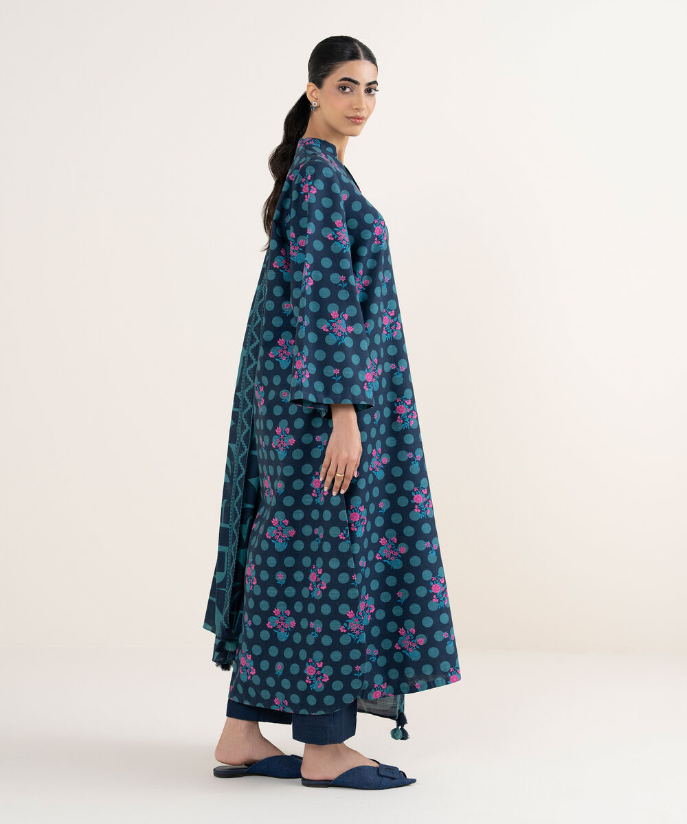 Women's Unstitched Printed Textured Cotton Midnight Blue & Teal 3 Piece Suit